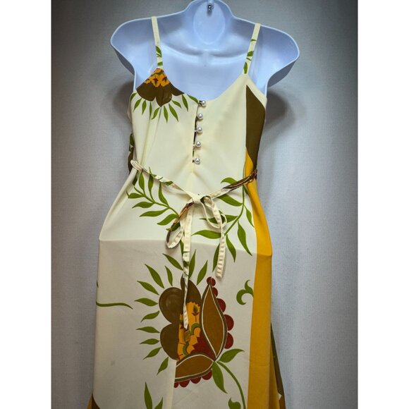 RUNVS Women's Long Maxi Dress Size S Multi Leaf Patchwork Sleeveless Back Tie - Picture 8 of 13